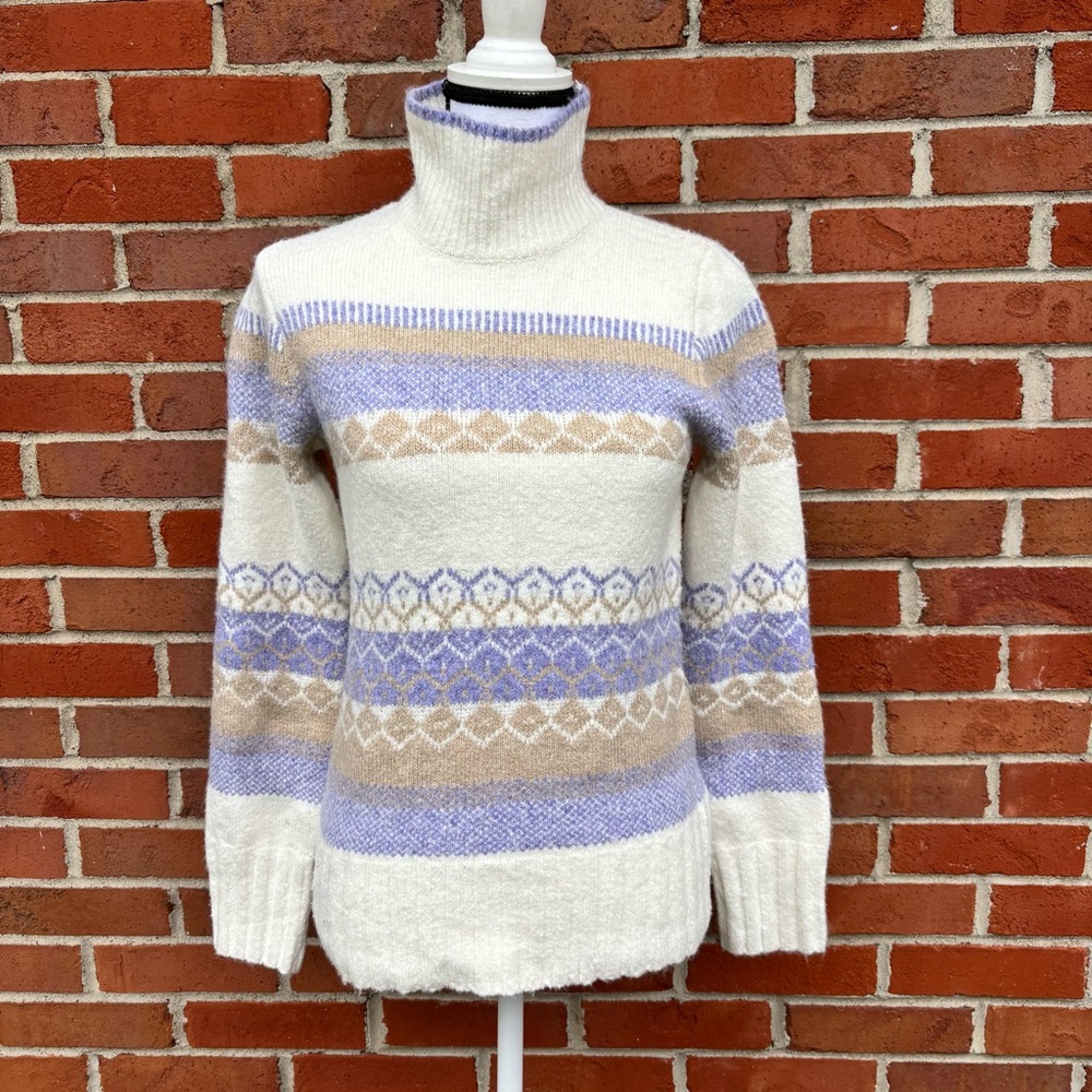 Aspen Fair Isle Nordic Soft Knit Cowl Neck Purple & White Sweater Womens XS